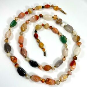 Vintage Unsigned Multi Color Gem Stone Beaded Long Necklace Boho Classic